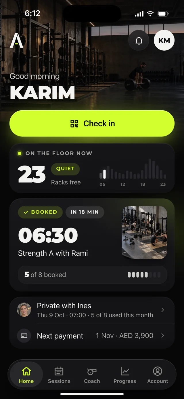 The ALTA Performance app, Home