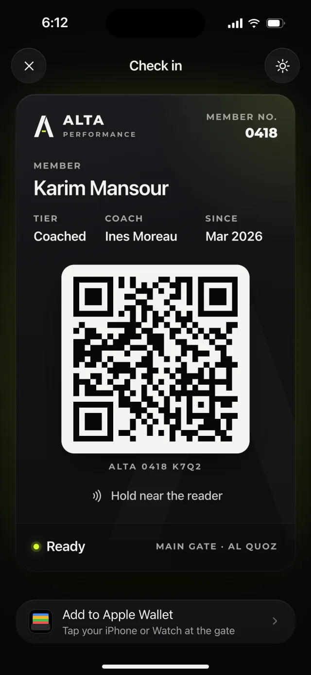 The ALTA Performance app, Check in