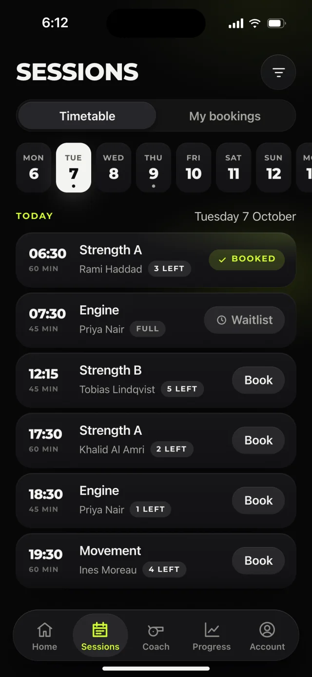 The ALTA Performance app, Sessions