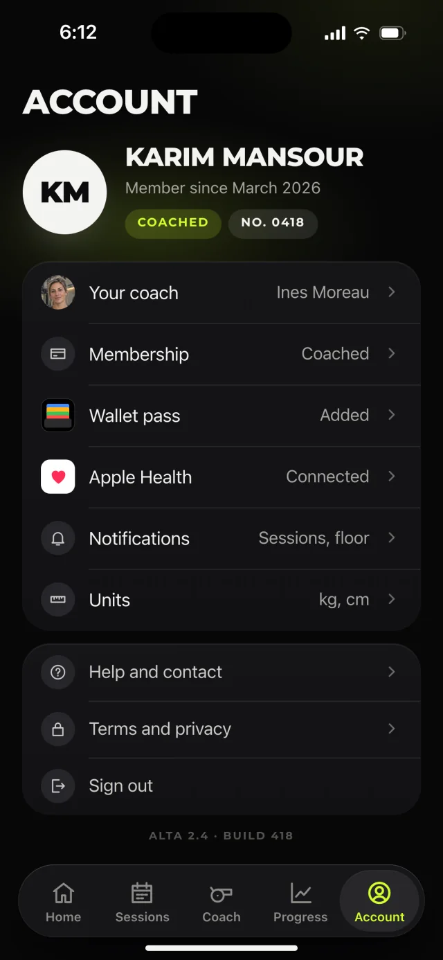 The ALTA Performance app, Account