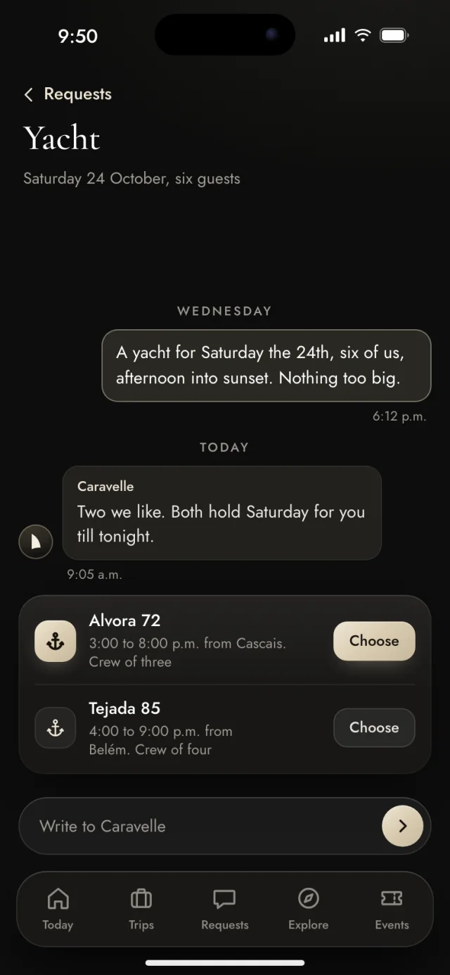 The Caravelle app, Yacht