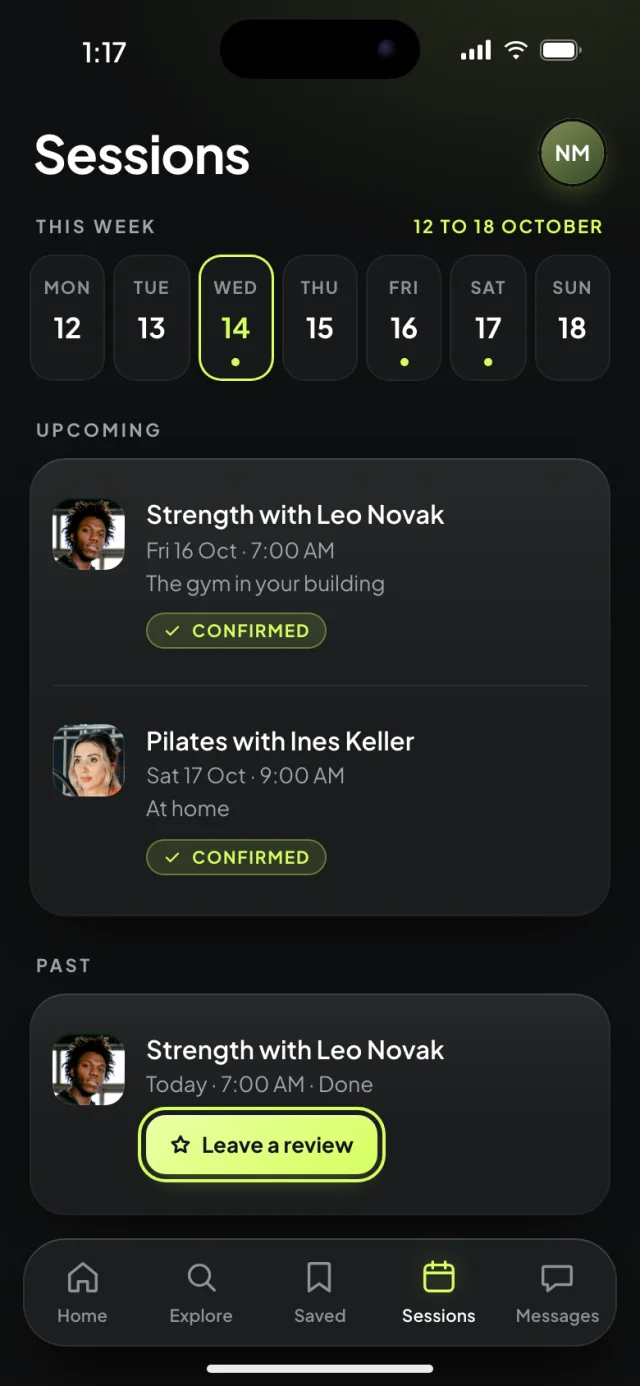 The Coachlane app, Sessions