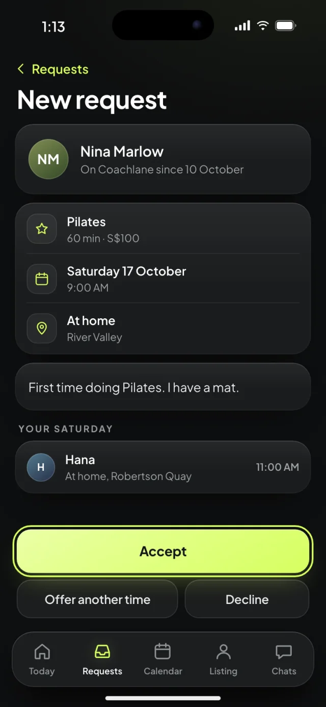 The Coachlane app, A new request