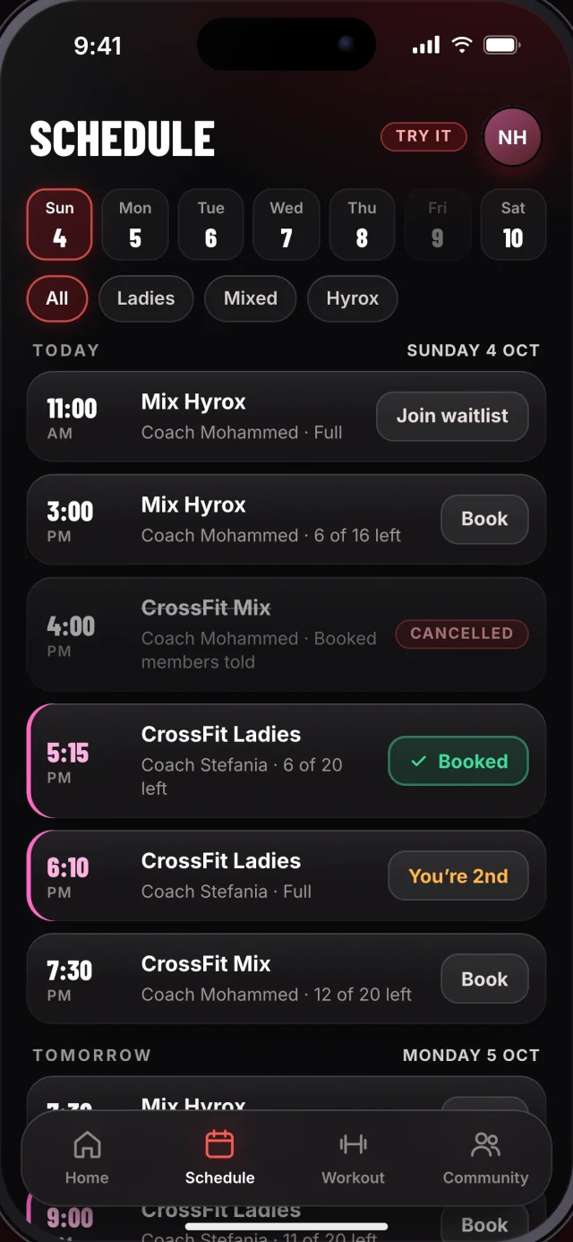 The Fitway app, Schedule