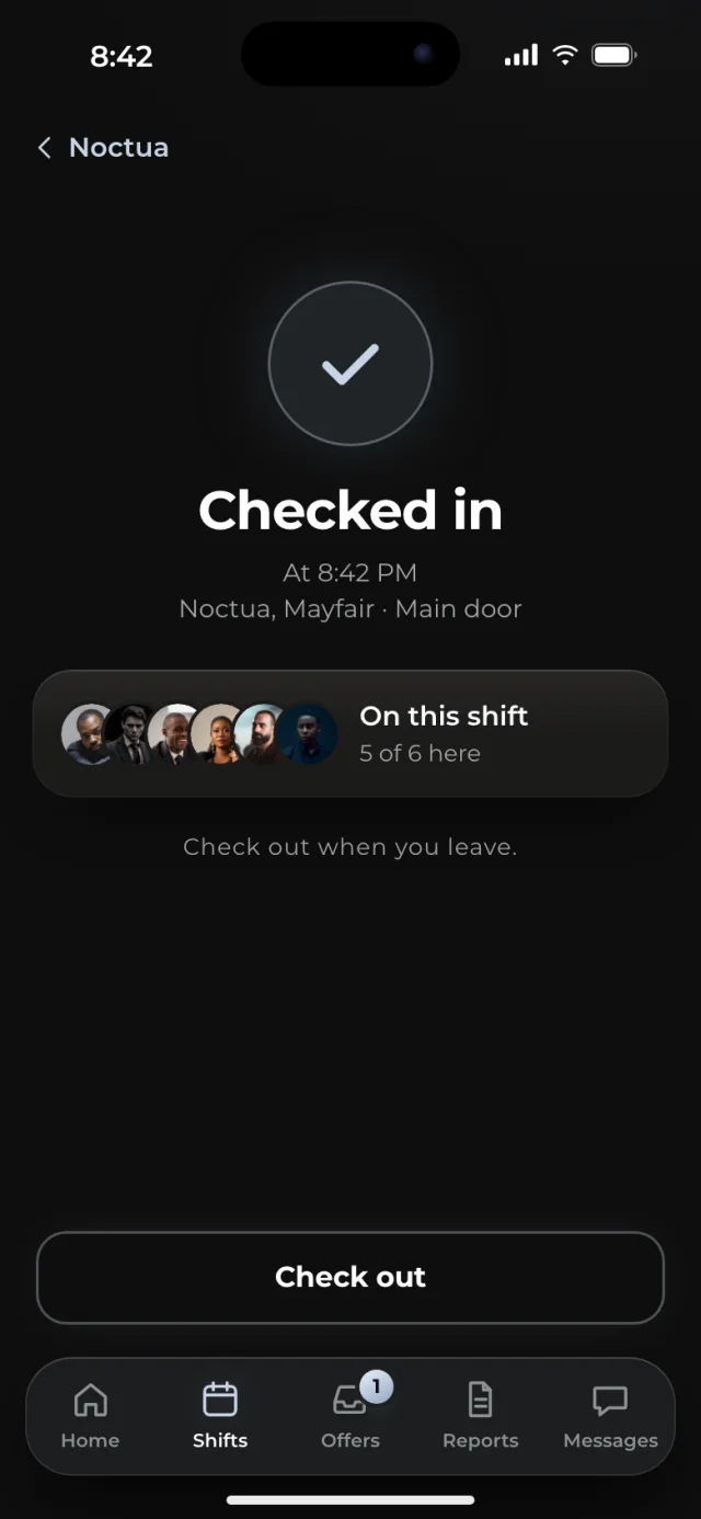 The Guardline app, Checked in