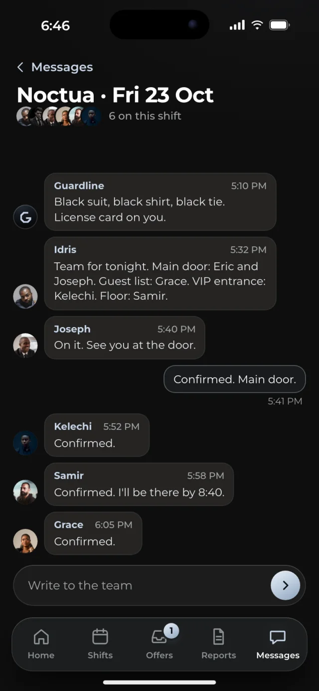 The Guardline app, The team's chat