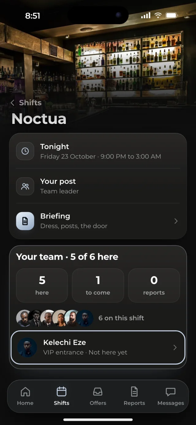 The Guardline app, A team leader's shift