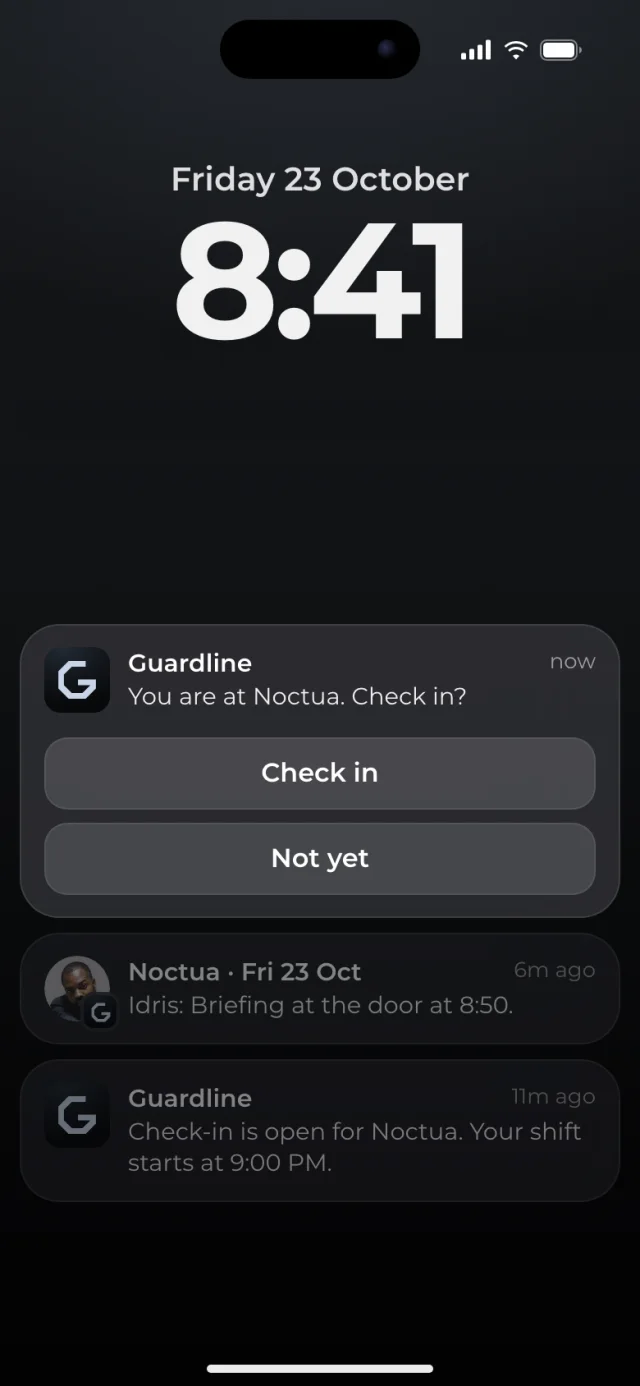 The Guardline app, Arriving, 8:41 PM