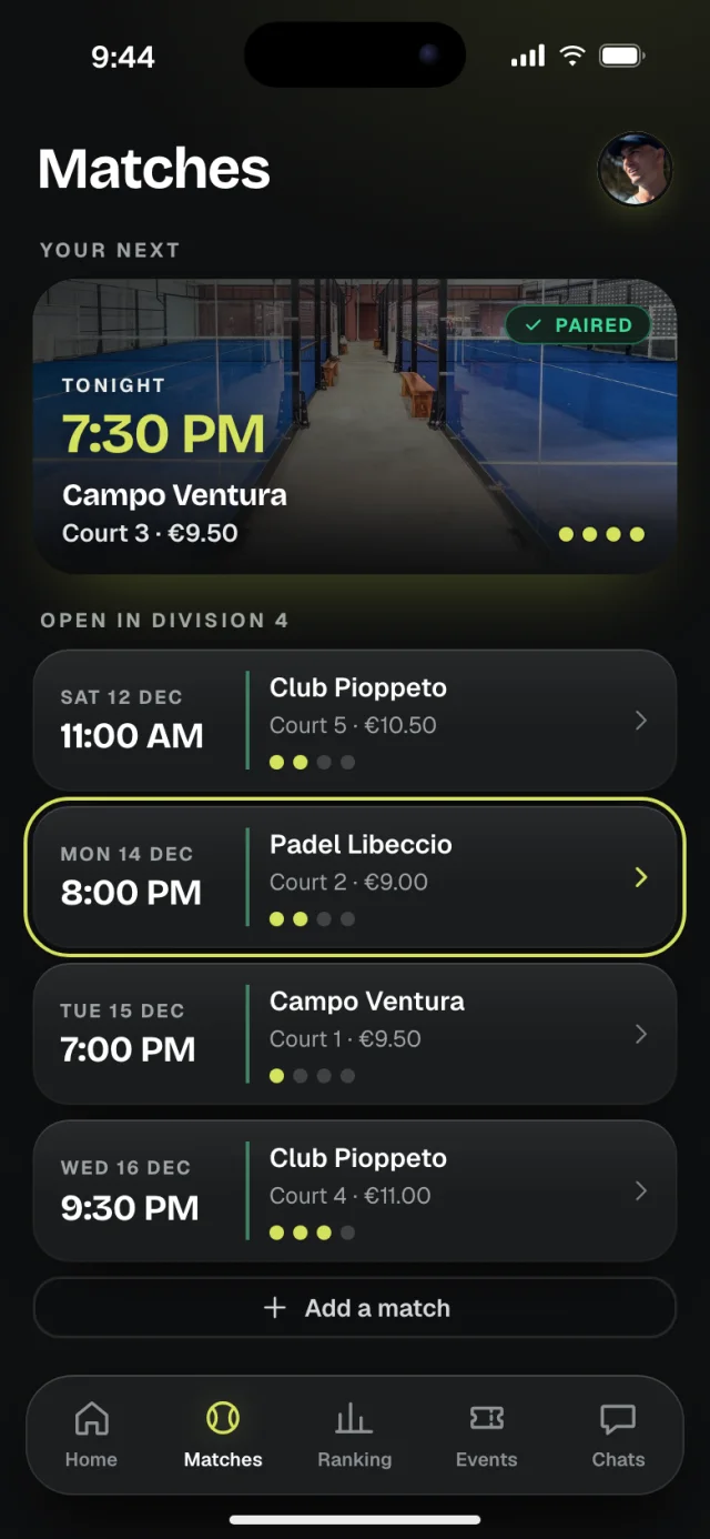 The Kestrel app, Matches