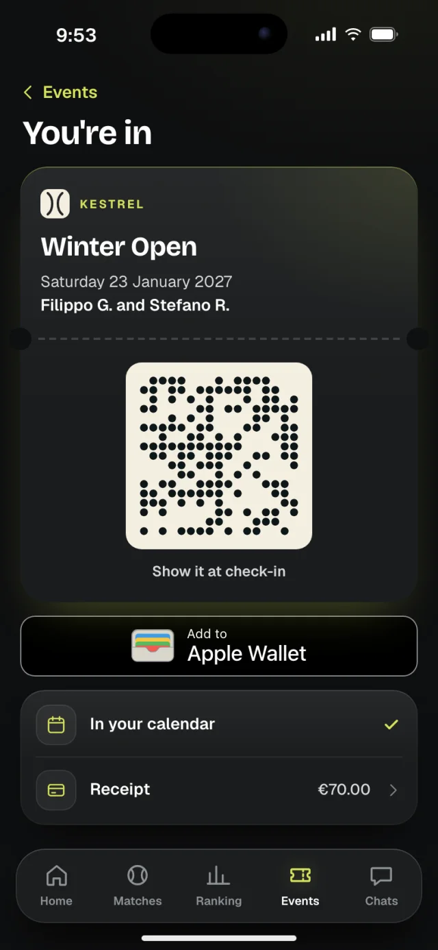 The Kestrel app, Your ticket