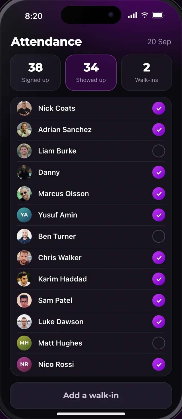 The Menathon app, Attendance