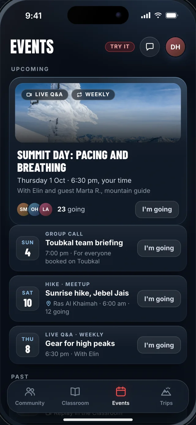 The Northwall app, Events