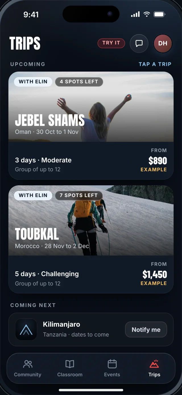 The Northwall app, Trips