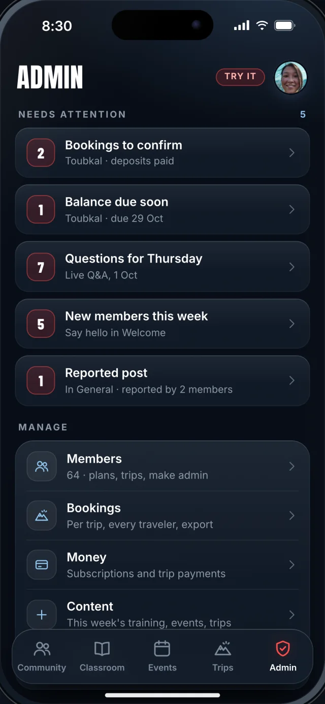 The Northwall app, Admin tab