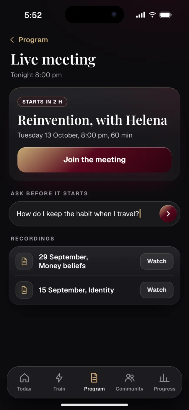 The Recenter app, Live meeting