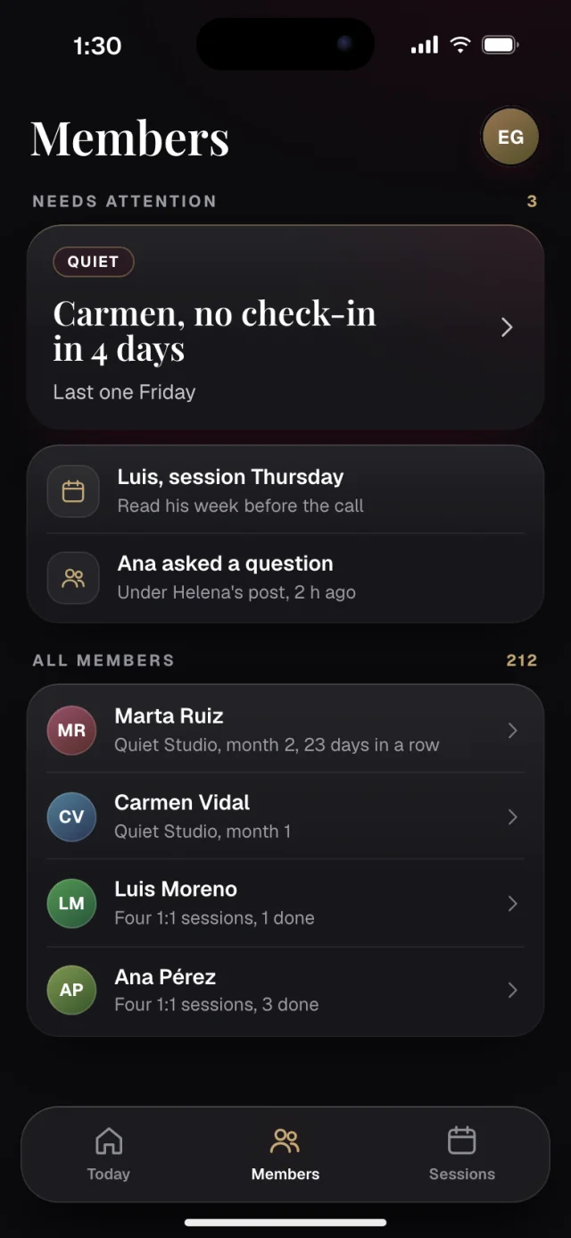 The Recenter app, Team view