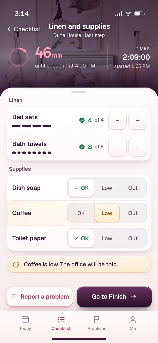 The Reset app, Linen and supplies