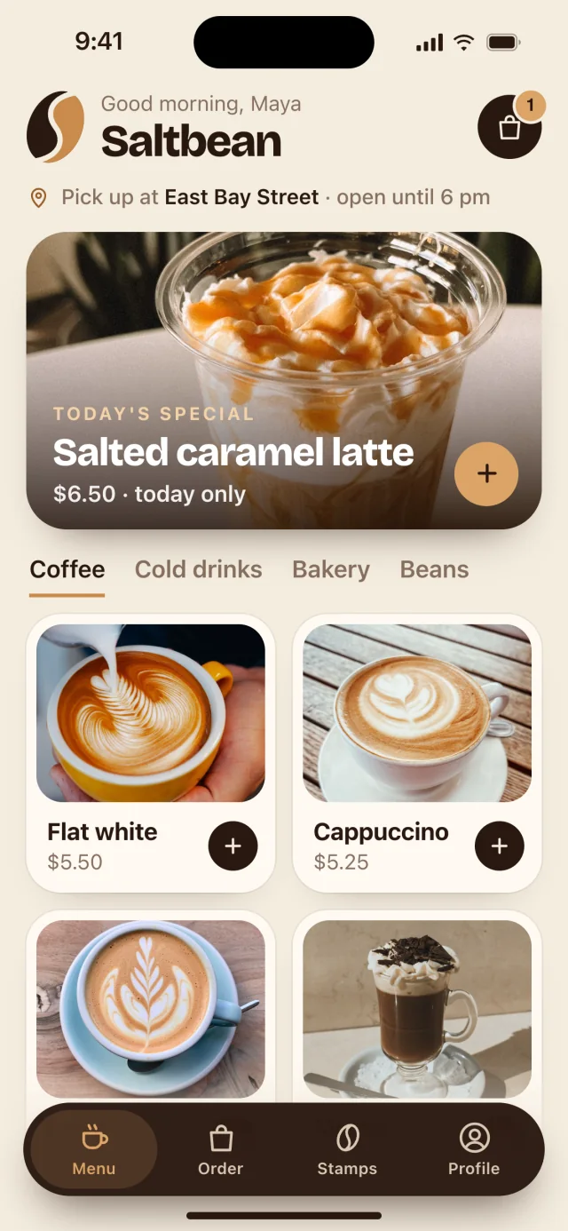 The Saltbean app, Menu