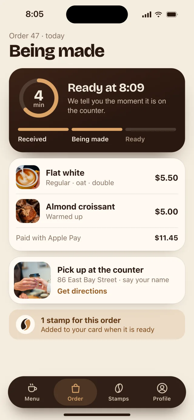 The Saltbean app, Order status