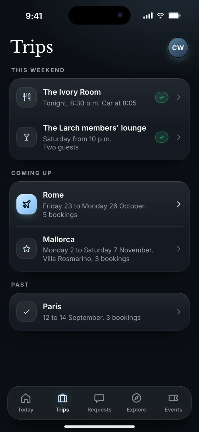 The Vantage app, Trips