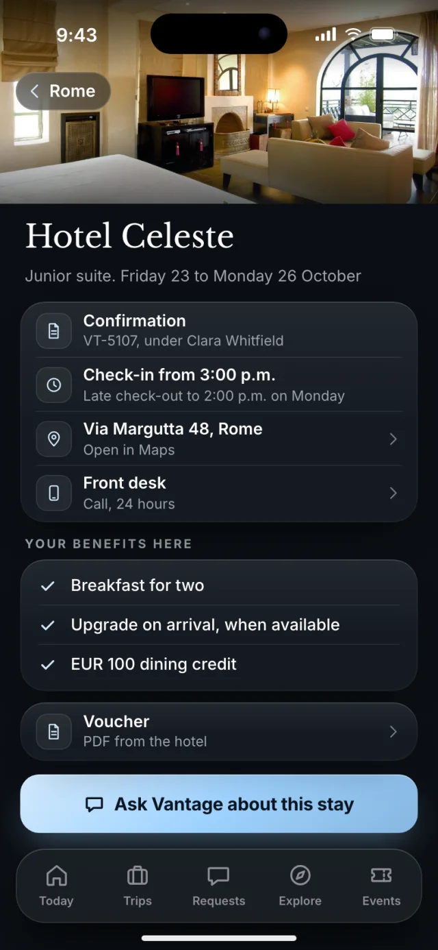 The Vantage app, Hotel Celeste