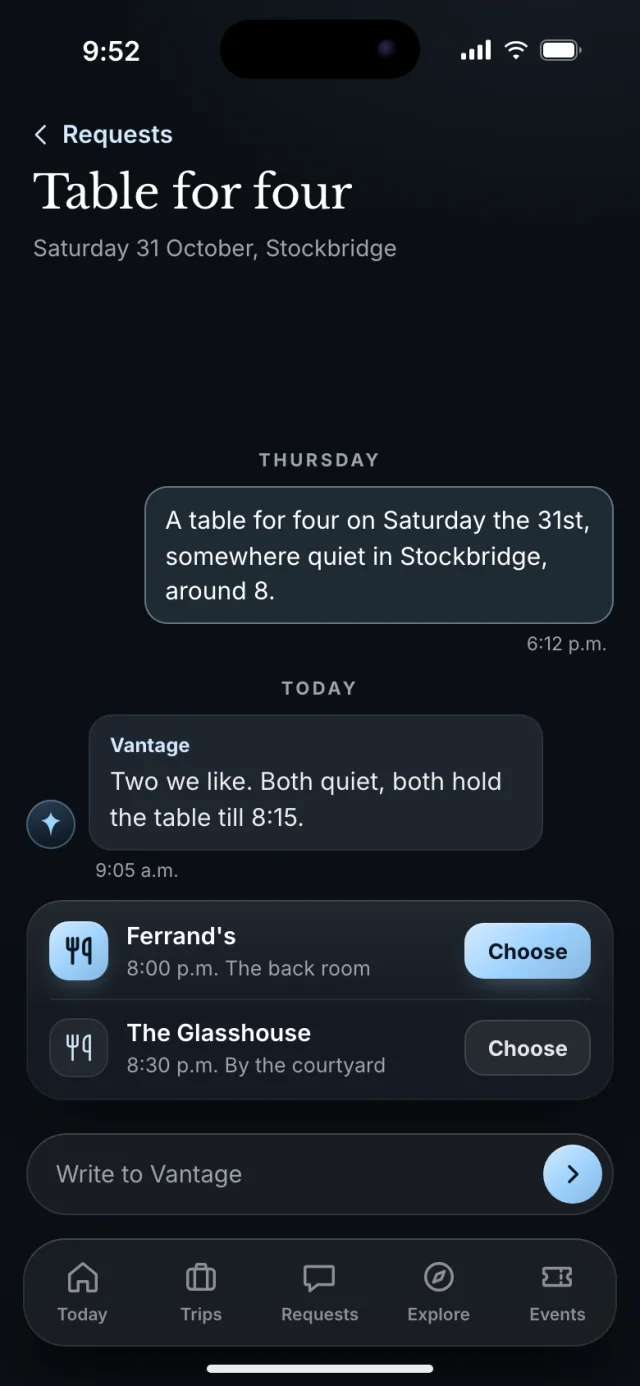The Vantage app, Table for four