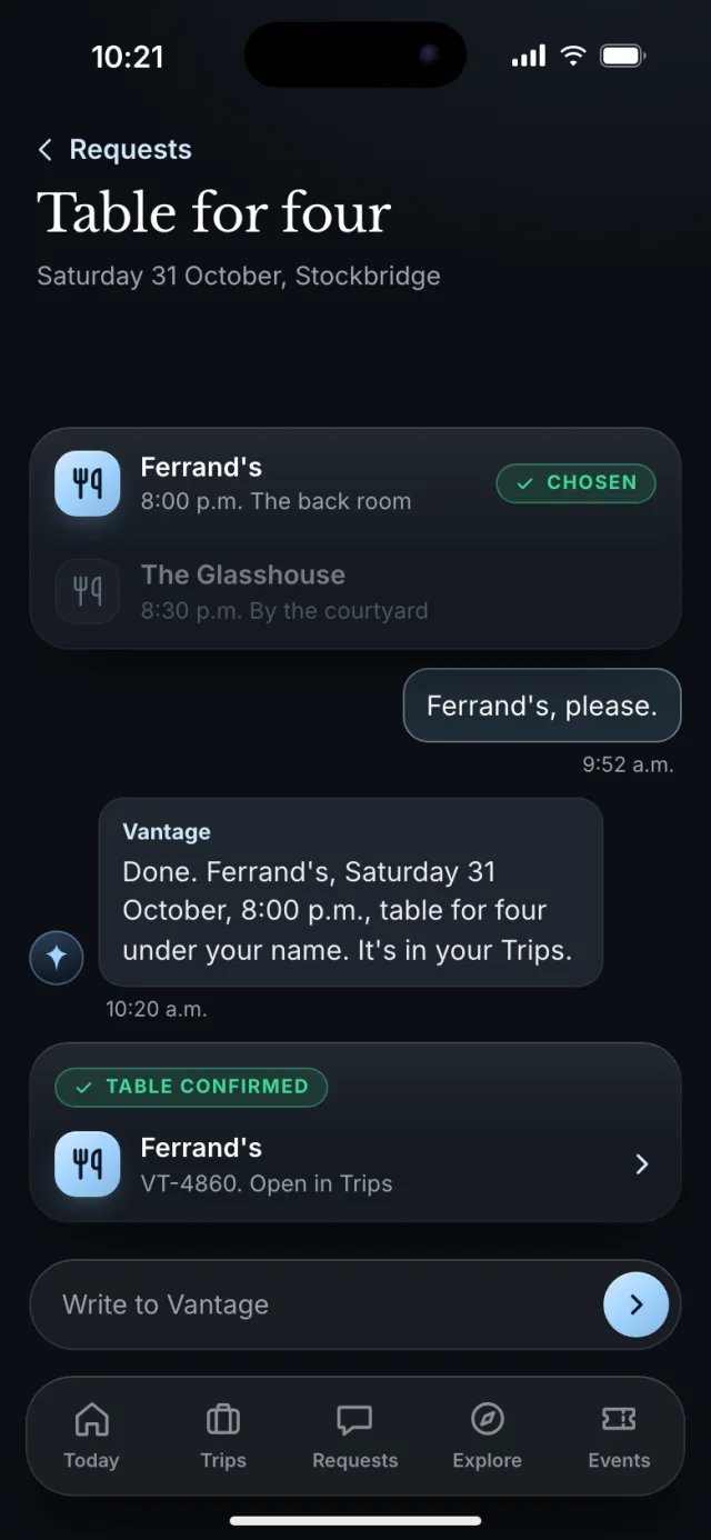 The Vantage app, Confirmed