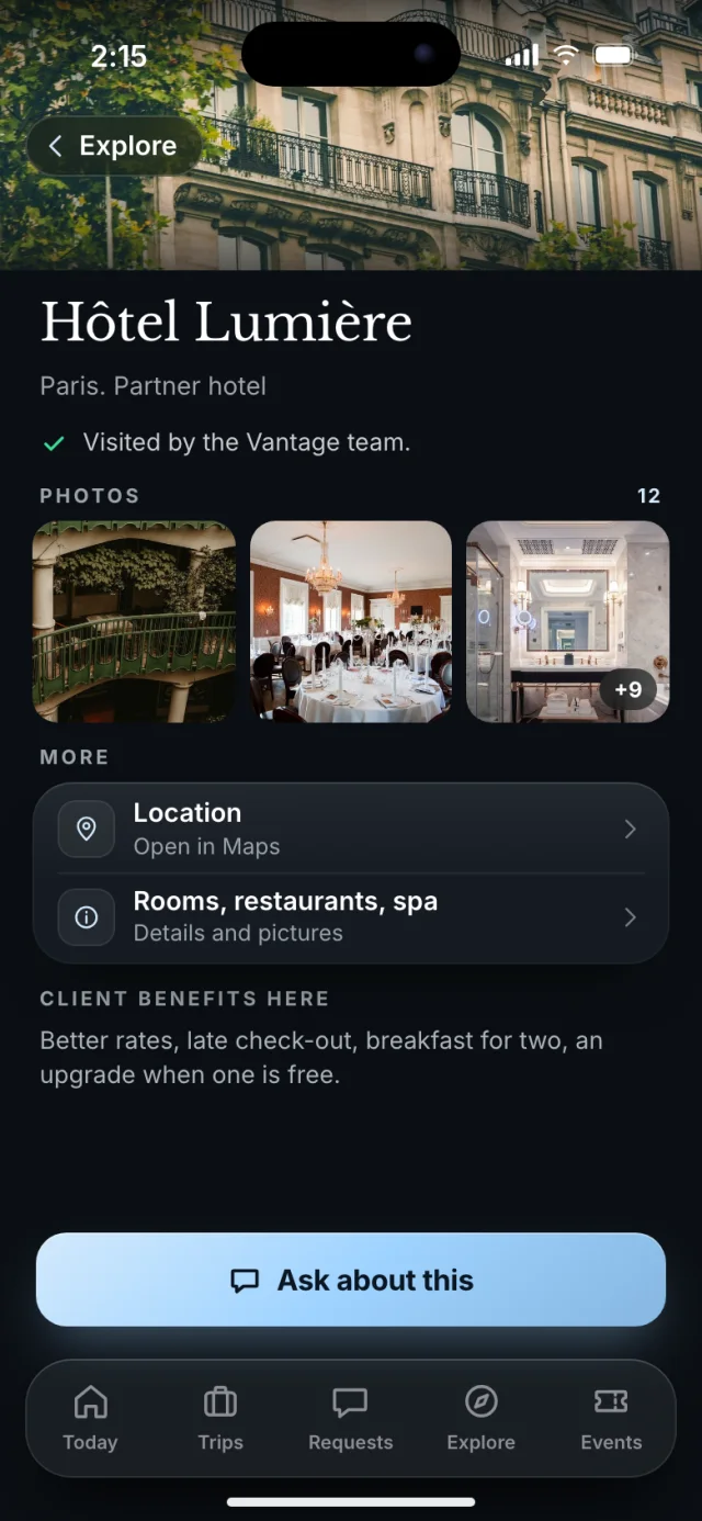 The Vantage app, Hôtel Lumière