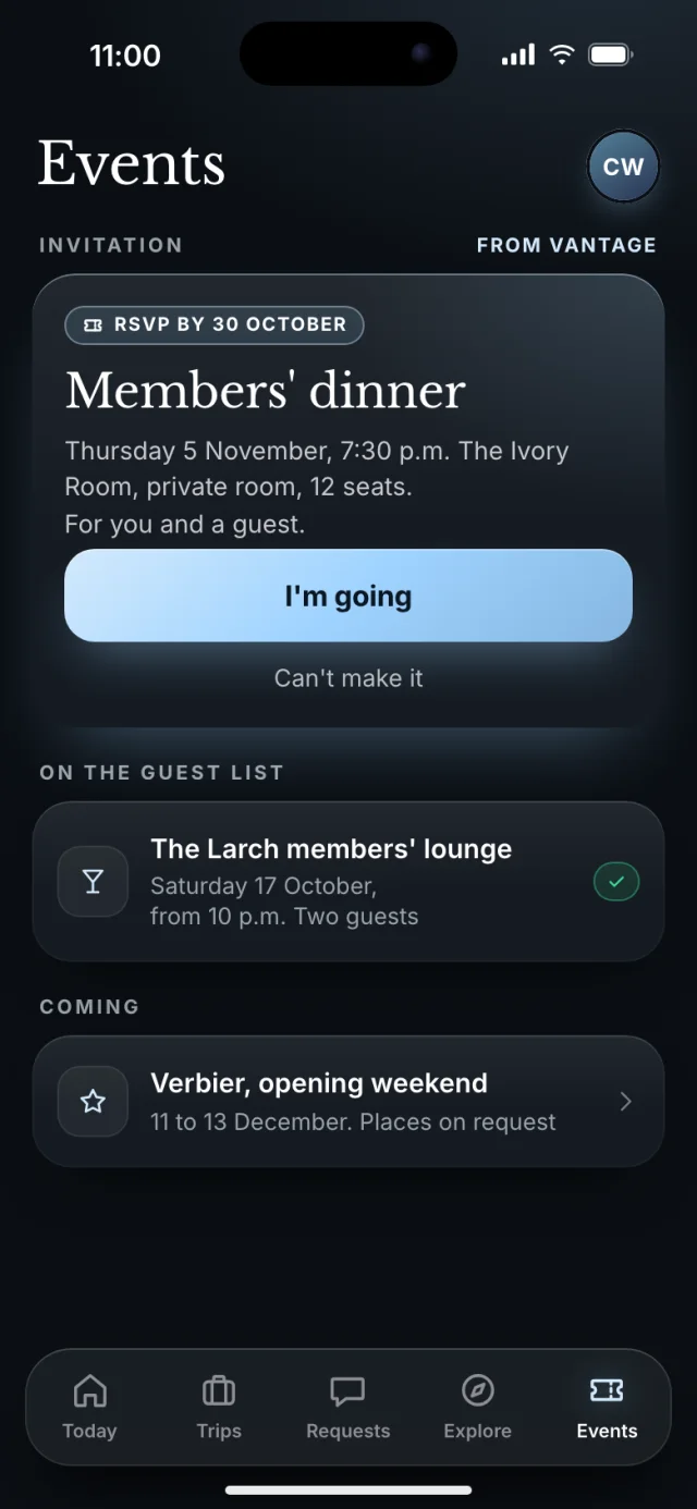 The Vantage app, Events