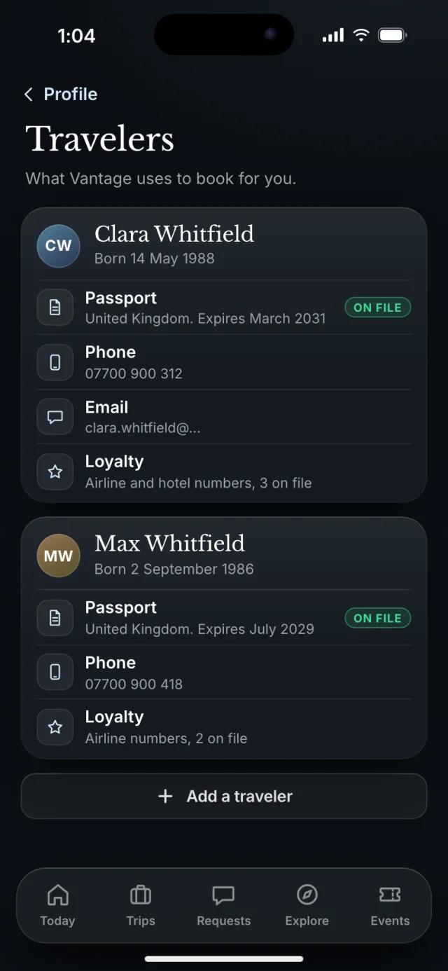 The Vantage app, Travelers