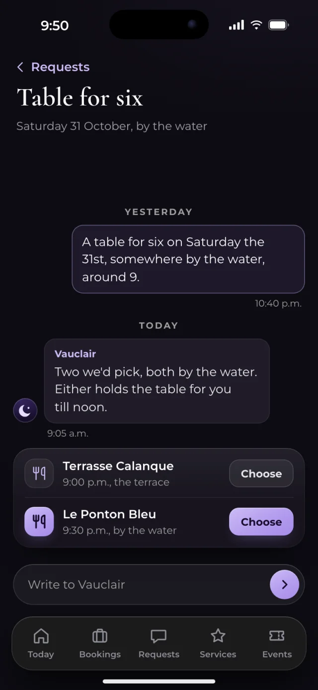 The Vauclair app, Table for six