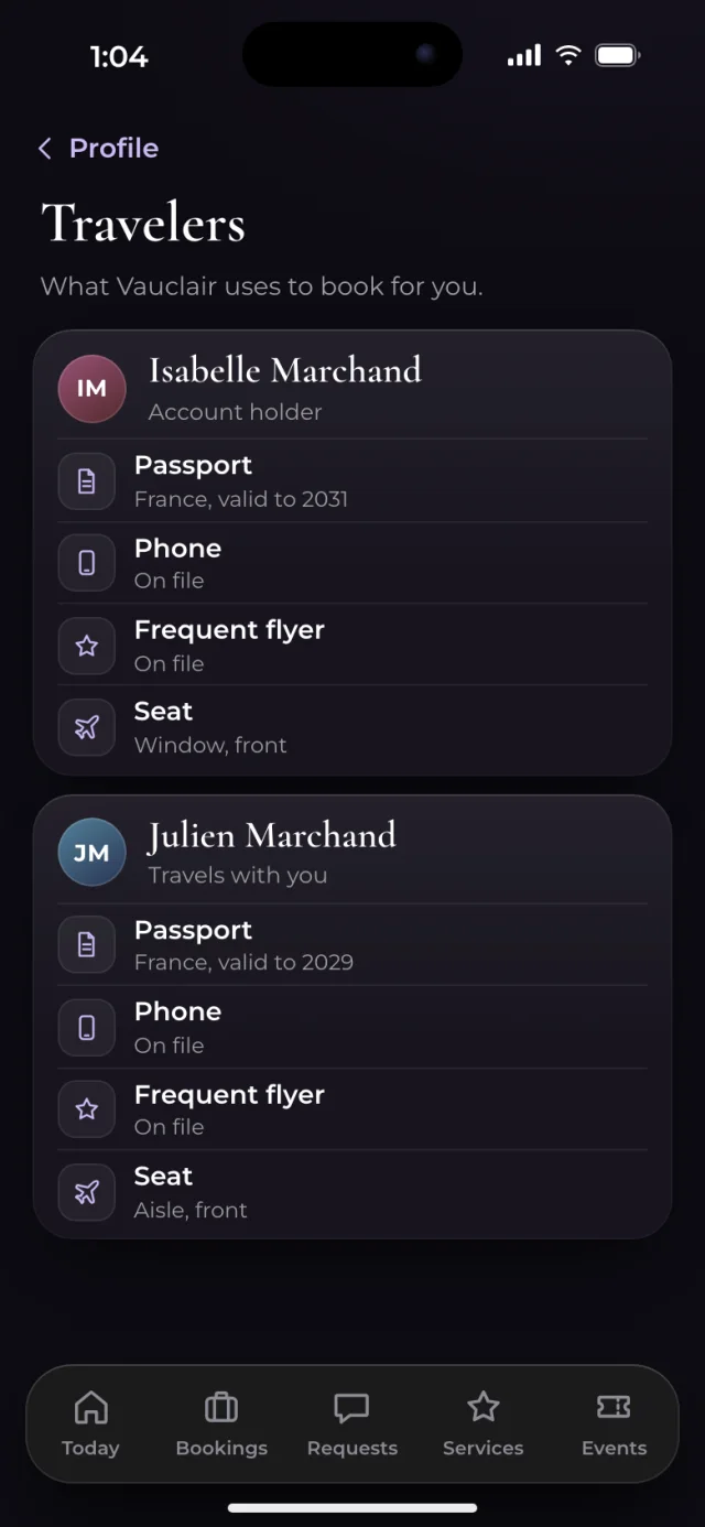 The Vauclair app, Travelers