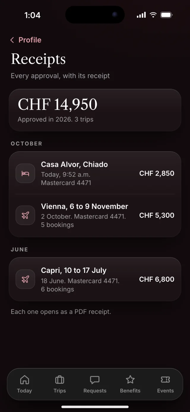 The Verbena app, Receipts