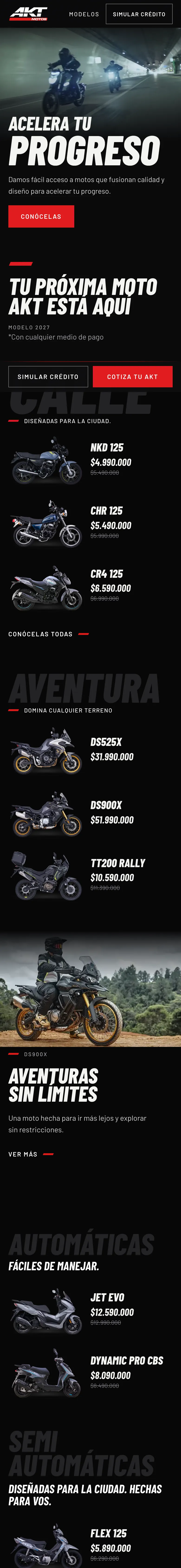 The AKT Motos website on a phone