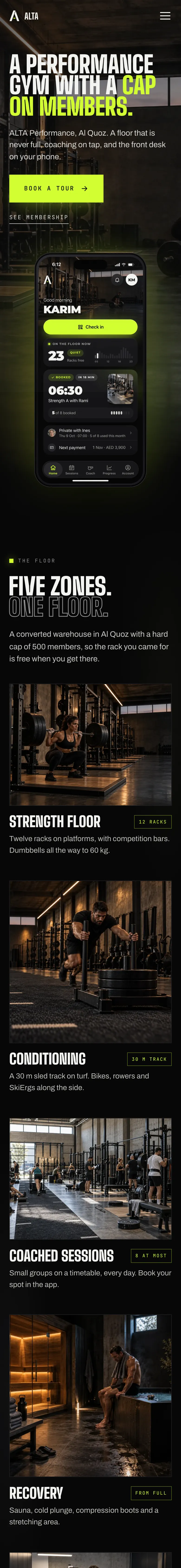 The ALTA Performance website on a phone
