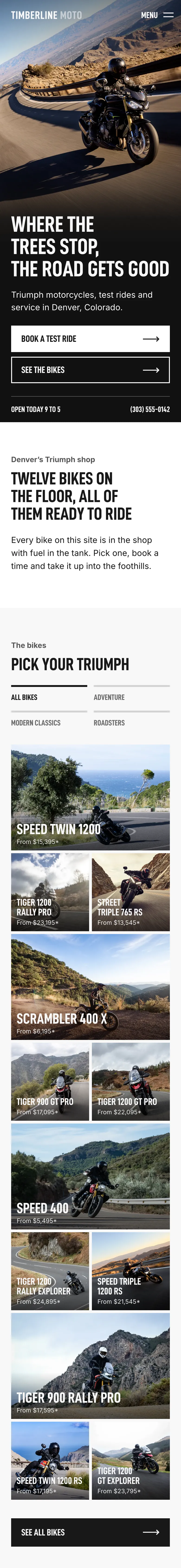 The Timberline Moto website on a phone